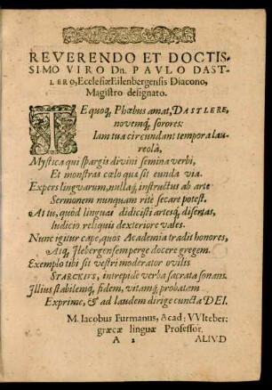 Reverendo Et Doctissimo Viro Dn. Paulo Dastlero, Ecclesiae Eilenbergensis Diacono, Magistro designato.