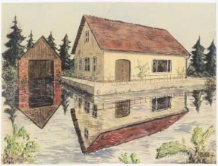 Wasserspiegelung: Haus am Wasser mit Bootsschuppen: Perspektivische Ansicht, vgl. Inv.Nr. 42460 und 42461