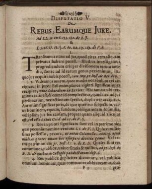 Disputatio V. De Rebus, Earumque Jure.