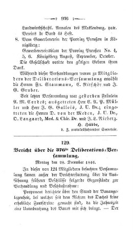 129. Bericht über die 376ste Deliberations-Versammlung. : Montag den 28. December 1846.