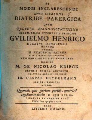 De Modis Inclarescendi Apvd Romanos Diatribe Parergica