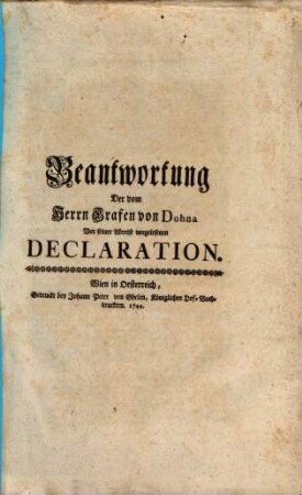 Beantwortung Der vom Herrn Grafen von Dohna Vor seiner Abreise vorgelesenen Declaration
