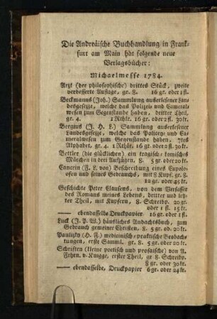 Die Andreaische Buchhandlung in Frankfurt am Main hat folgende neue Verlagsbuecher