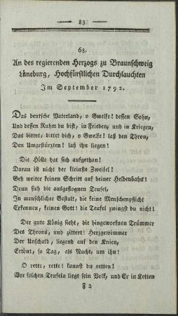 63. An des regierenden Herzogs zu Braunschweig Lüneburg, Hochfürstlichen Durchlauchten. Im September 1792.