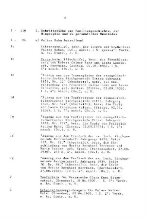 I. Schriftstücke zur Familiengeschichte, zur Biographie und zu persönlichen Umständen