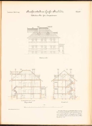 Gefängnis, Groß-Strehlitz: Wohnhaus Nr. 1: Vorderansicht, Längsschnitt, Querschnitt 1:100