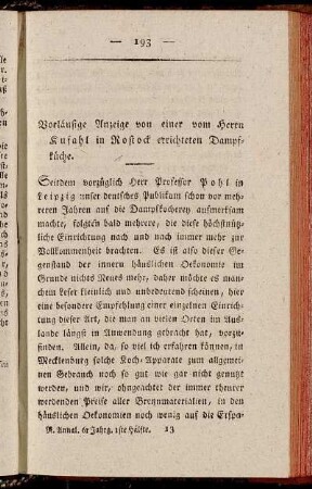 Vorläufige Anzeige von einer vom Herrn Kufahl in Rostock errichteten Dampfküche