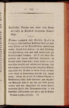 Vorläufige Anzeige von einer vom Herrn Kufahl in Rostock errichteten Dampfküche