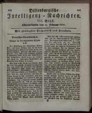 VIII. Stück. Sonnabends den 22. Februar 1800.