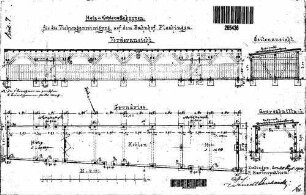 Plochingen: Nebengebäude Holz- u.Kohlenschuppen Grundriß,Querschnitt,Ansichten