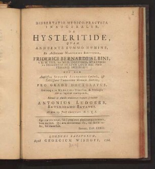 Dissertatio Medico-Practica Inauguralis, De Hysteritide