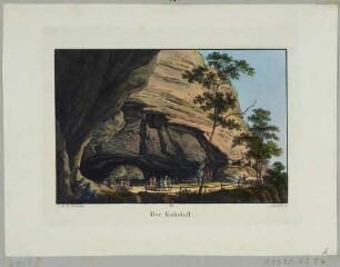 Das Felsentor Kuhstall auf dem Neuen Wildenstein zwischen Schmilka und dem Kirnitzschtal in der Sächsischen Schweiz von Süden, aus Richters "70 Mahlerischen An- und Aussichten ..."