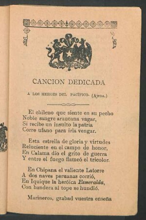 Canción dedicada a los héroes del Pacífico : (Ajena.)
