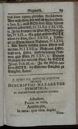II. Quibus Ita Deductis Adjicitur Denique Descriptio Nazarethi Synoptica, In Inscriptione Quadam Latina.