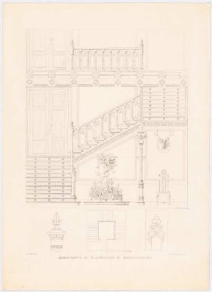 Werke der höheren Baukunst, Darmstadt 1858. Königliches Landhaus, Berchtesgaden: Haupttreppe: Grundriss, Ansicht, Details