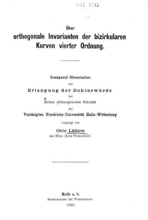 Über orthogonale Invarianten der bizirkularen Kurven vierter Ordnung