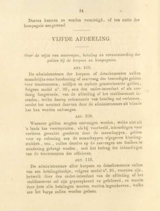 Vijfde afdeeling. Over de wijze van aanvragen, betaling en verantwoording der gelden bij de korpsen en kompagnien