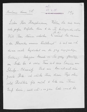 Brief von Clara Jonas an Margarete Hauptmann