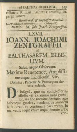 LXVII. Ioann. Ioachimi Zentgraffii ad Balthasarem Bebelium