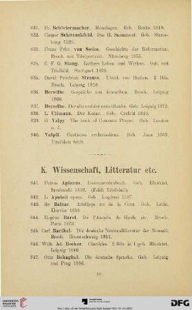 K. Wissenschaft, Litteratur etc. (Nr. 841-999)