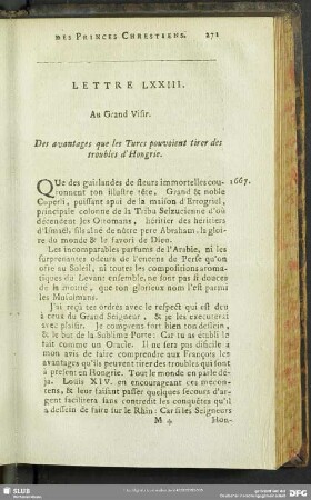 Lettre LXXIII. Au Grand Visir