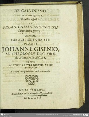 De Calvinismo Disputatio Quinta, Et quidem in specie De Primo Communicatonis Idiomatum genere