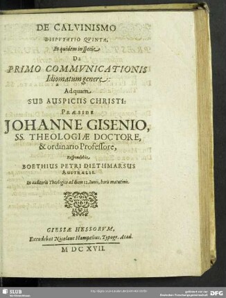 De Calvinismo Disputatio Quinta, Et quidem in specie De Primo Communicatonis Idiomatum genere