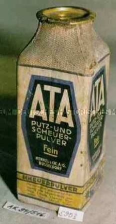 Pappmachédose für "ATA PUTZ- UND SCHEUER-PULVER FEIN HENKEL UND CIE.A.G. DÜSSELDORF" mit Inhalt