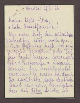 Schreiben von Elisabeth, Breslau, an Elisabeth Rosset, Kondolenzbrief zum Tod von Constantin Fehrenbach