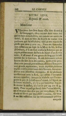 Lettre LXVIII. Response & recit
