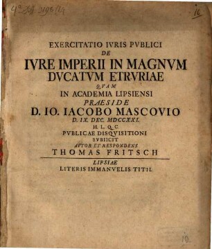 Exercitatio Ivris Pvblici De Ivre Imperii In Magnvm Dvcatvm Etrvriae