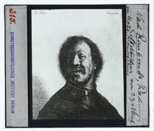 Vliet (nach Rembrandt), Lachender Mann in Rüstung (Radierung nach Gemälde von Rembrandt im Mauritshuis, Den Haag)
