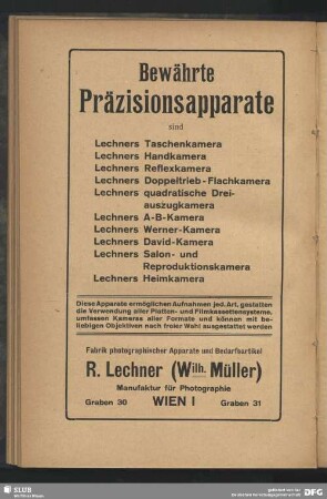 Werbung: Bewährte Präzisionsapparate, R. Lechner (Wilh. Müller) Manufaktur für Photographie Wien