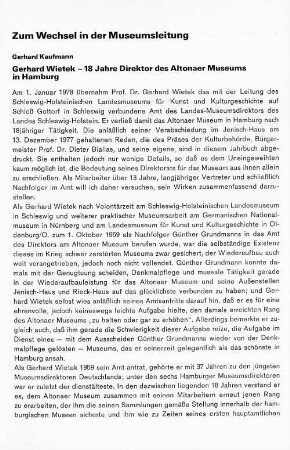 Gerhard Wietek - 18 Jahre Direktor des Altonaer Museums in Hamburg