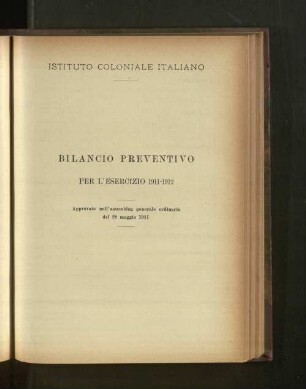 Bilancio Preventivo Per L'Esercizio 1911-1912.