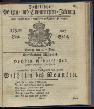 22tes Stueck, Montag den 30ten May. 1791