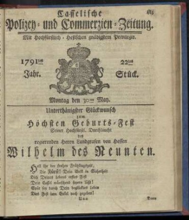 22tes Stueck, Montag den 30ten May. 1791