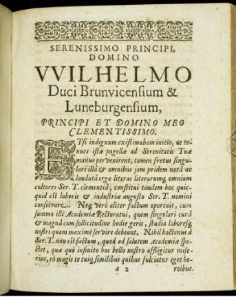 Serenissimo Principi, Domino Wilhelmo Duci Brunvicensium & Luneburgensium, Principi Et Domino Meo Clementissimo.