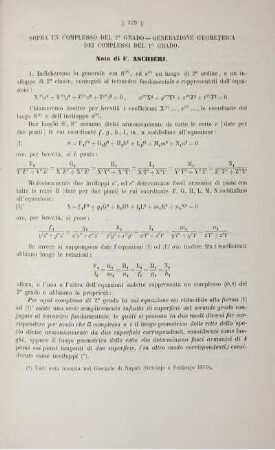 Sopra un complesso del 2° grado. Generazione geometrica dei complessi del 1° grado.