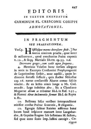 Editoris In Textum Emendatum Carminum Fl. Cresconii Corippi Adnotationes.