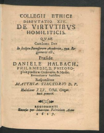 Collegii Ethici Disputatio XIV. De Virtutibus Homiliticis