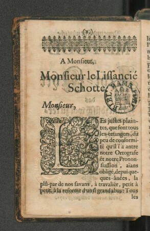 A Monsieur, Monsieur le Lissancié Schotte. [frz. u. dt.]