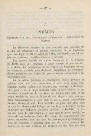 Primer centenario de esta Corporación ...