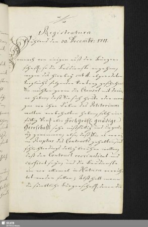 Registratura Ruhland den 30. Decembr: 1711.