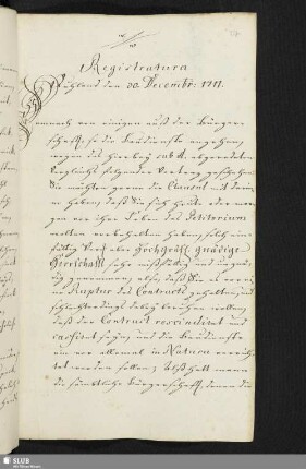 Registratura Ruhland den 30. Decembr: 1711.