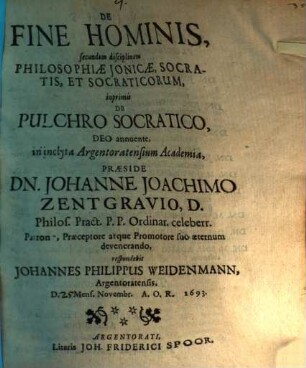 De fine hominis secundum disciplinam philosophiae Ionicae, Socratis et Socraticorum, inprimis de pulchro Socratico