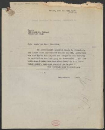 Brief an Bernhard Sekles : 20.05.1930