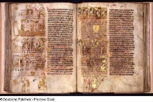 Illustration und Textseite über das Landrecht, Fol. 47v, Fol. 48r
