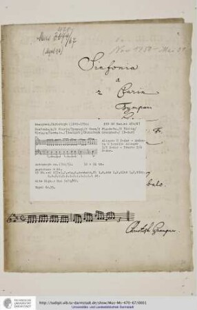 Sinfonia / a / 2 Clarin / Tympani / 2 Corn / 2 Flaut: Tr. / 2 Violin / Viola / e / Cembalo. / [Incipit] / Christoph Graupner.