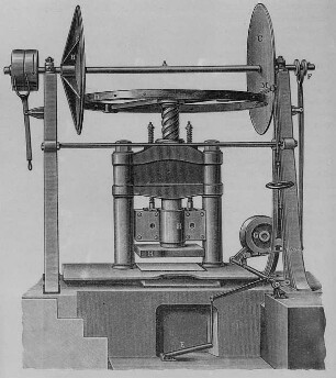 Schrauben der Spindelpresse mit Friktionsantrieb : Technikgeschichte | Industrie und Technik | Werkzeuge und Werkzeugmaschinen